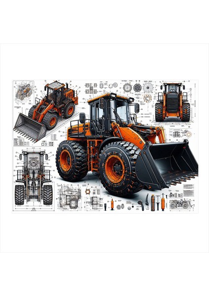Detaylı Iş Makinesi Çizimi Mdf Poster 35CM X50CM