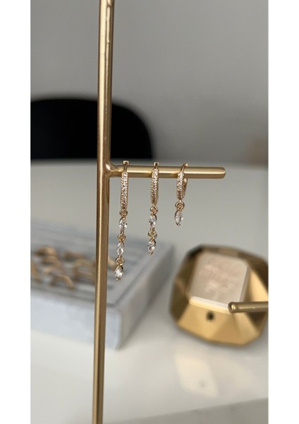 Vip Seri Gold 3 Lü Zirkon Taş Sallantılı Küpe