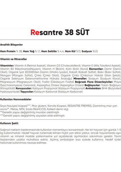 Resantre Süt 38 Tamamlayıcı Konsantre Premiks-Yem 25 kg