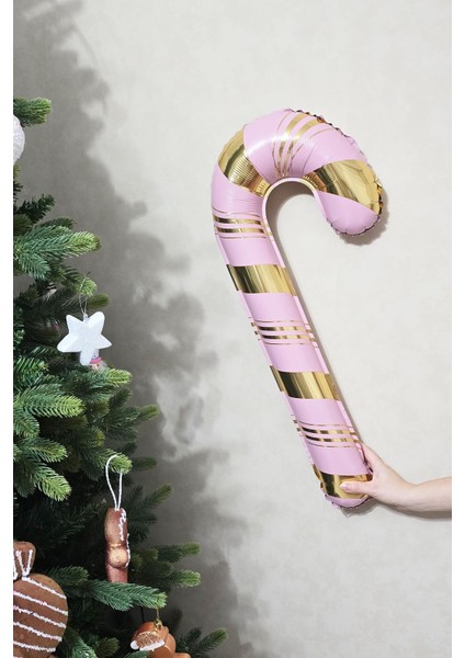 Pembe Gold Baston Şeker Folyo Balon Gold Detaylı Baston Şeker Yılbaşı Balonu 73 x 36 cm