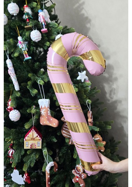 Pembe Gold Baston Şeker Folyo Balon Gold Detaylı Baston Şeker Yılbaşı Balonu 73 x 36 cm