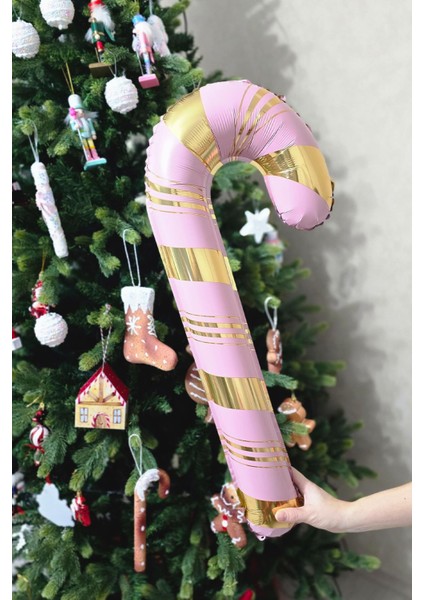 Pembe Gold Baston Şeker Folyo Balon Gold Detaylı Baston Şeker Yılbaşı Balonu 73 x 36 cm