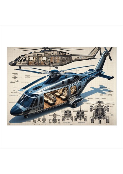 Helikopter Teknik Çizimi Dekoratif Ahşap Tablo 18CM x 27CM