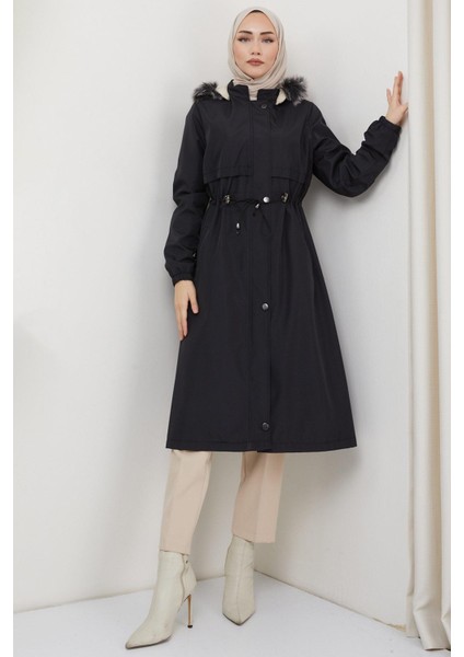 Allerli Kadın Siyah Bondit Kumaş, İçi Kürklü, Kapüşonlu, Fermuarlı ve Düğmeli Mont – Tesettür Tarzına Uygun fiyatları