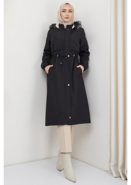 Allerli Siyah İçi Kürklü Bondit Mont – Fermuarlı, Düğmeli, Kapüşonlu Kadın Tesettür Kışlık Dış Giyim fiyatları