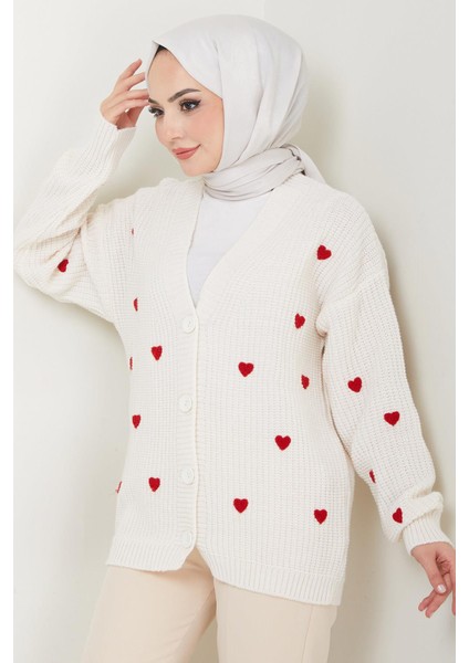 Kalp Aplikeli Triko Hırka Krem HM2608