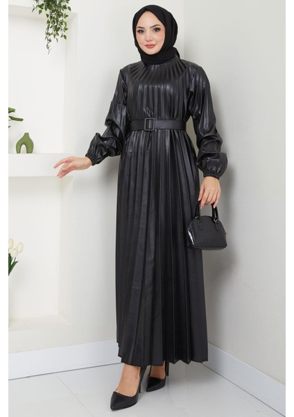 Kemerli Piliseli Deri Elbise Siyah HM2601