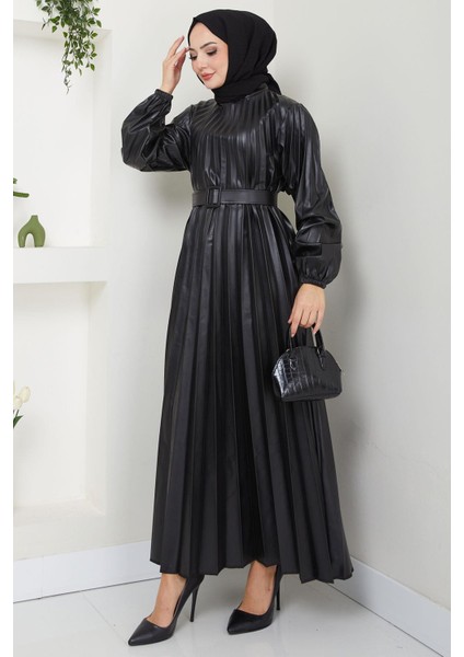 Kemerli Piliseli Deri Elbise Siyah HM2601 fiyatları