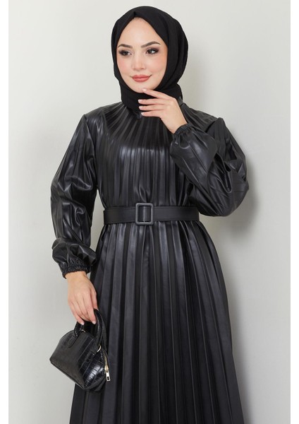 Kemerli Piliseli Deri Elbise Siyah HM2601 modelleri