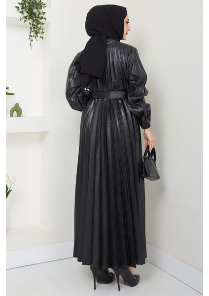 Kemerli Piliseli Deri Elbise Siyah HM2601 indirimleri