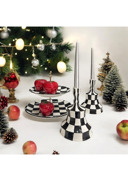 Handmade Çini Dama Desen Şamdan Mumluk Dekoratif Çini Siyah Beyaz Büyük modelleri