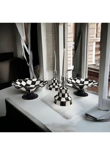 Handmade Çini Dama Desen Şamdan Mumluk Dekoratif Çini Siyah Beyaz Büyük indirimleri