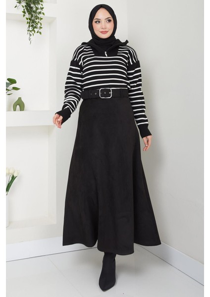 Kemerli Süet Mevlana Etek Siyah HM2607