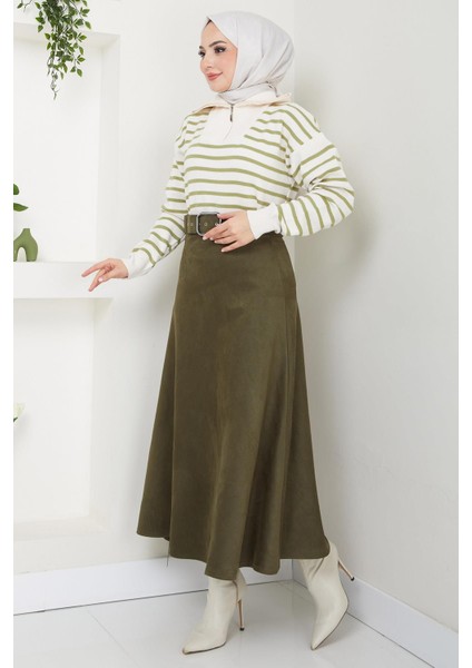 Kemerli Süet Mevlana Etek Haki HM2607