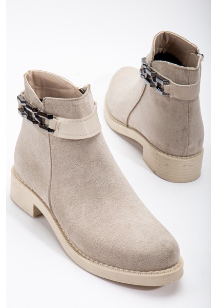 Kadın Ten Süet Termo Taban Zincir Detaylı Fermuarlı Kısa Topuklu Bot