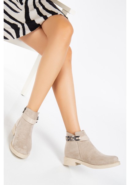 Kadın Ten Süet Termo Taban Zincir Detaylı Fermuarlı Kısa Topuklu Bot fiyatları