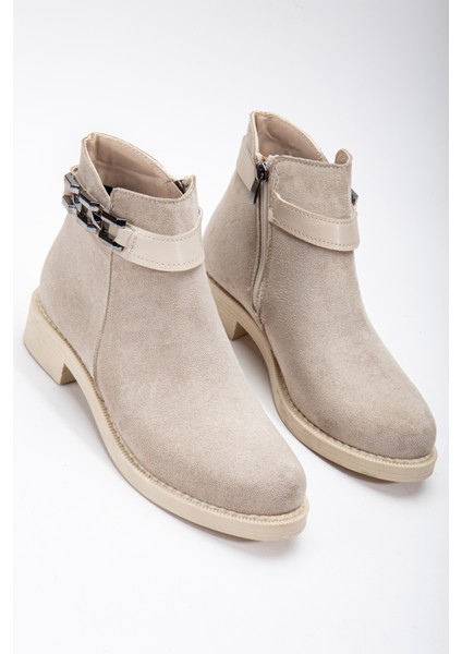 Kadın Ten Süet Termo Taban Zincir Detaylı Fermuarlı Kısa Topuklu Bot modelleri