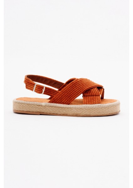 Kadın Turuncu Çapraz Bantlı Bilekten Bağlamalı Hasır Triko Sandalet
