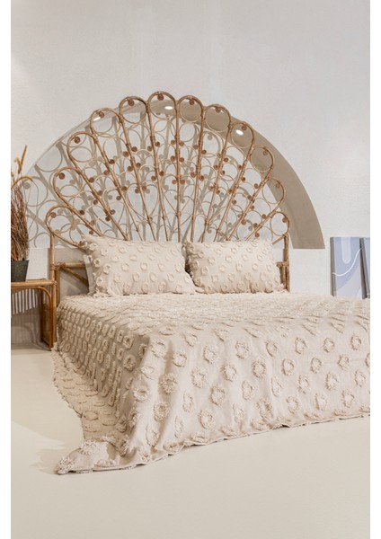 Sitra Bej Çift Kişilik Püsküllü Yatak Örtüsü 230X250 2 Yastık 50X70