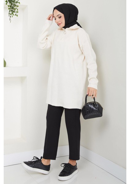 Yakası Fermuarlı Tek Renk Triko Tunik Krem HM2610