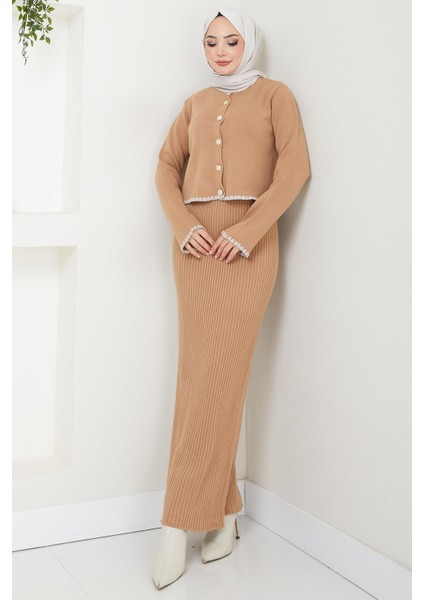 Çoban Dikişli Hırka ve Jile Triko Takım Camel HM2613