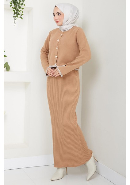 Çoban Dikişli Hırka ve Jile Triko Takım Camel HM2613
