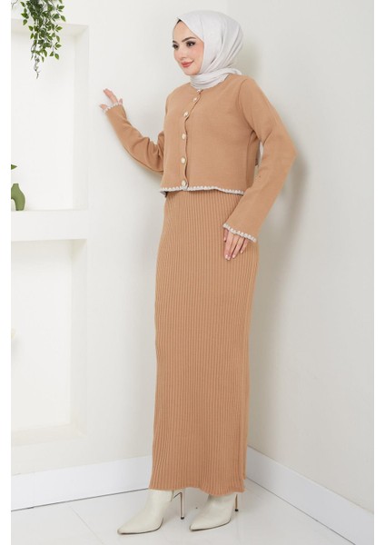 Çoban Dikişli Hırka ve Jile Triko Takım Camel HM2613