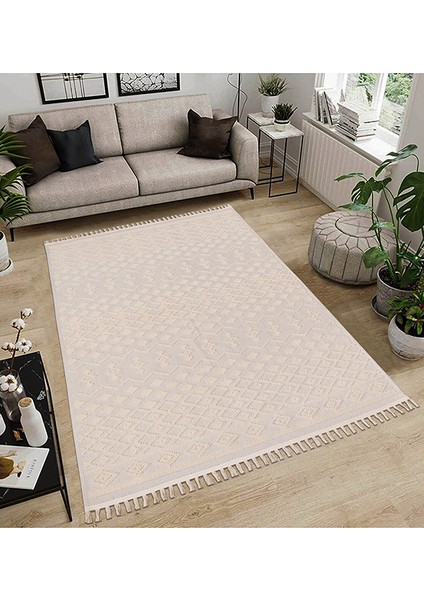 Dekoratif Modern Naturel Kayma Yapmayan Yıkanabilir Pamuk Dokuma Kilim Saçaklı 7010