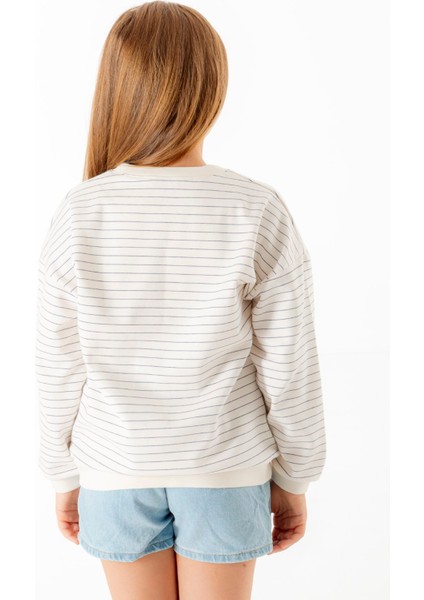 Apple Baskılı, Çizgili Beyaz Renk, Pamuklu Iki Iplik Bisiklet Yaka Çocuk Sweatshirt indirimleri