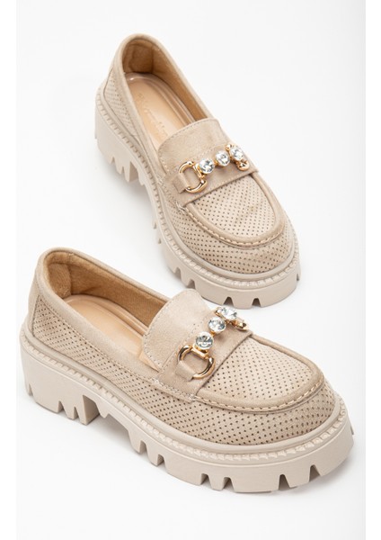 Kadın Ten Süet Rahat Kalıp Yüksek Poli Taban Önü Tokalı Loafer