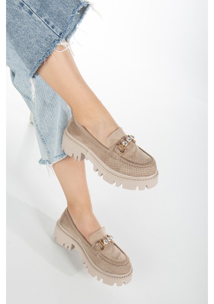 Kadın Ten Süet Rahat Kalıp Yüksek Poli Taban Önü Tokalı Loafer fiyatları