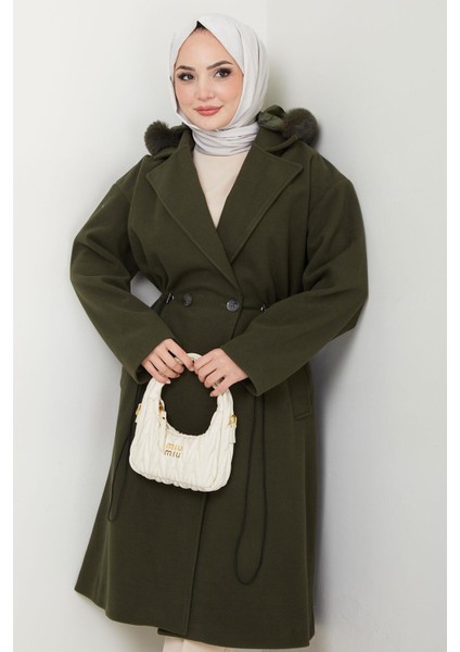 Kapüşonlu Beli Büzgülü Kaşe Kaban Haki HM2604 fiyatları