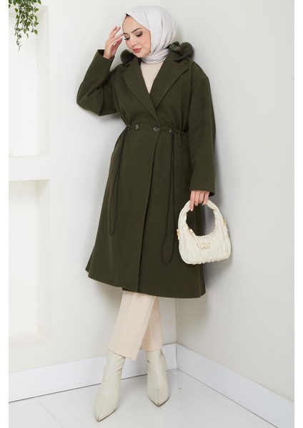 Kapüşonlu Beli Büzgülü Kaşe Kaban Haki HM2604 modelleri