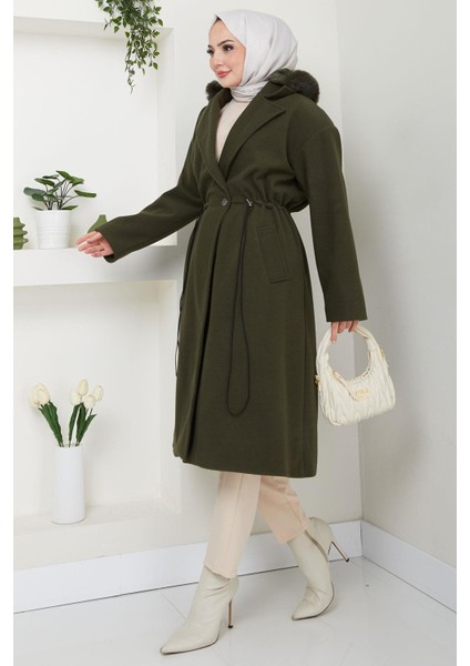 Kapüşonlu Beli Büzgülü Kaşe Kaban Haki HM2604 fırsatları