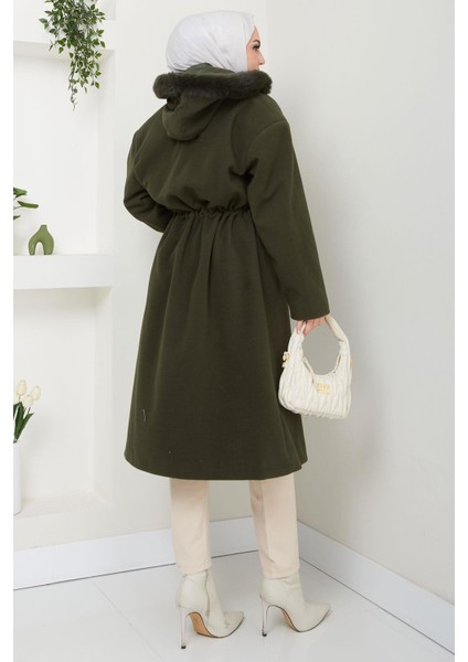 Kapüşonlu Beli Büzgülü Kaşe Kaban Haki HM2604 indirimleri