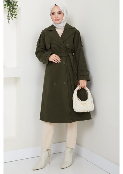 Kruvaze Yaka Düğmeli Kuşaklı Kaşe Kaban Haki HM2603