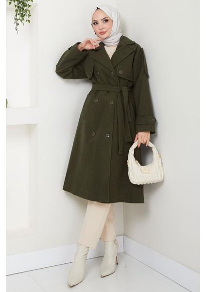 Kruvaze Yaka Düğmeli Kuşaklı Kaşe Kaban Haki HM2603 fiyatları