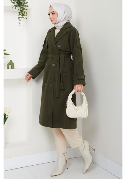 Kruvaze Yaka Düğmeli Kuşaklı Kaşe Kaban Haki HM2603 modelleri