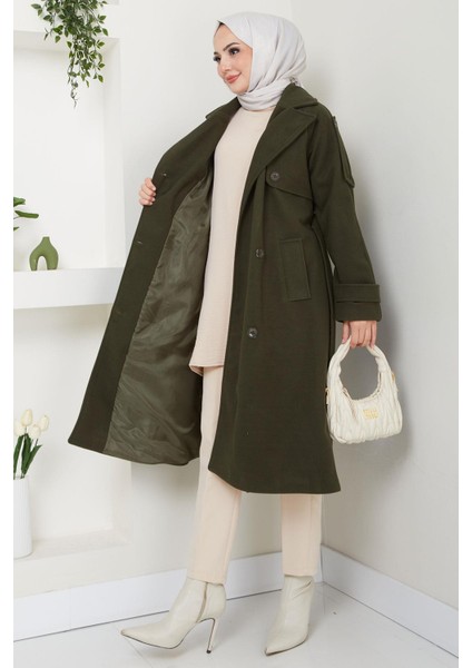 Kruvaze Yaka Düğmeli Kuşaklı Kaşe Kaban Haki HM2603 fırsatları