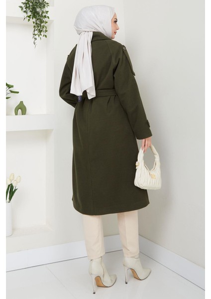 Kruvaze Yaka Düğmeli Kuşaklı Kaşe Kaban Haki HM2603 indirimleri