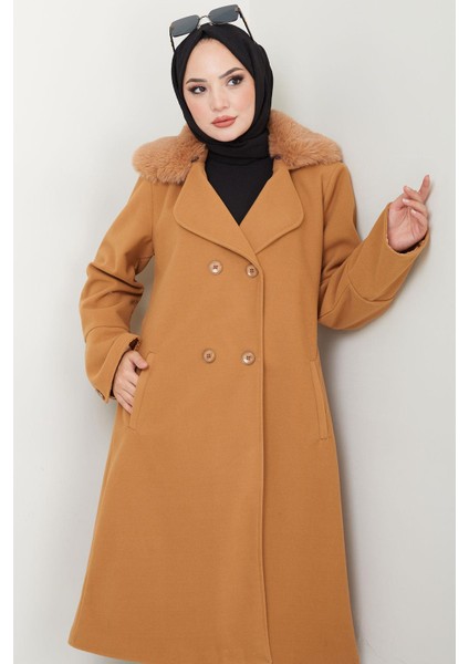 Yakası Kürk Detaylı Kaşe Kaban Taba HM2583 fiyatları