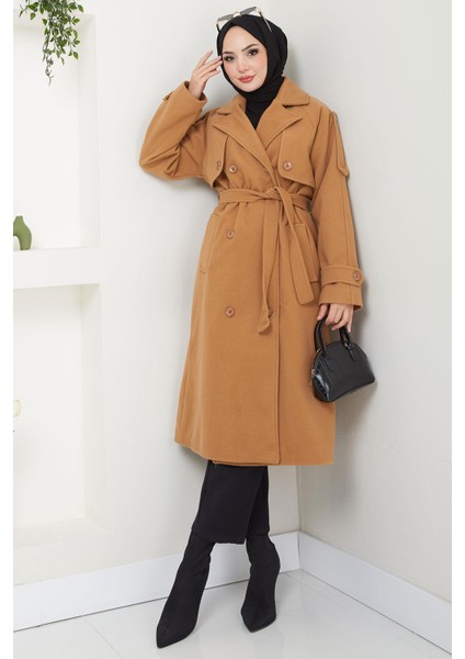 Kruvaze Yaka Düğmeli Kuşaklı Kaşe Kaban Camel HM2603