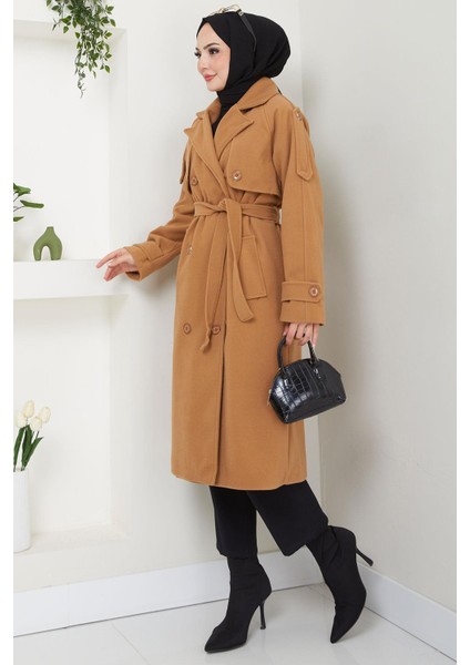 Kruvaze Yaka Düğmeli Kuşaklı Kaşe Kaban Camel HM2603 modelleri