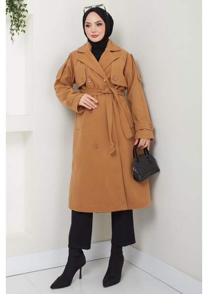 Kruvaze Yaka Düğmeli Kuşaklı Kaşe Kaban Camel HM2603 fırsatları