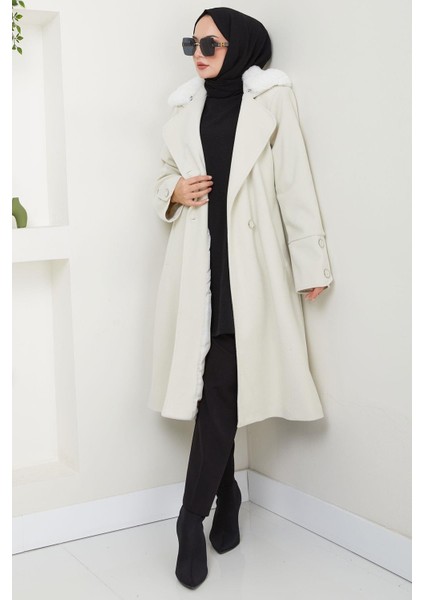 Yakası Kürk Detaylı Kaşe Kaban Ekru HM2583 fiyatları
