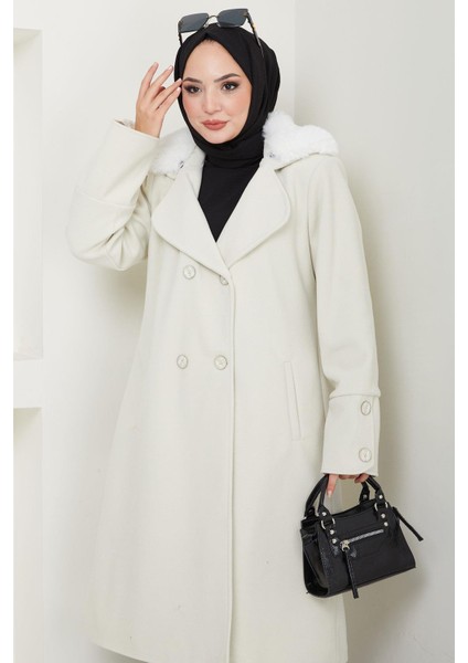 Yakası Kürk Detaylı Kaşe Kaban Ekru HM2583 modelleri