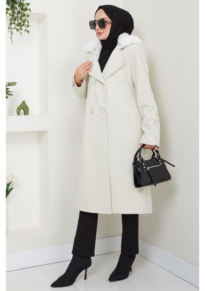 Yakası Kürk Detaylı Kaşe Kaban Ekru HM2583 fırsatları