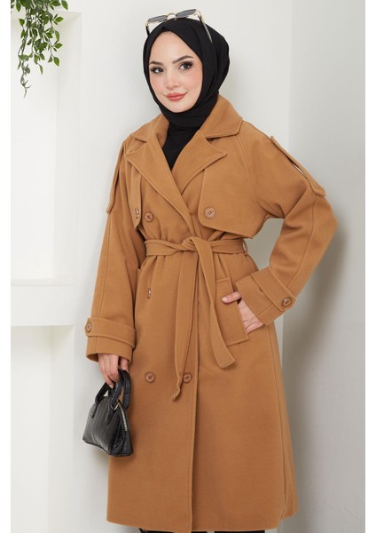 Kruvaze Yaka Düğmeli Kuşaklı Kaşe Kaban Camel HM2603