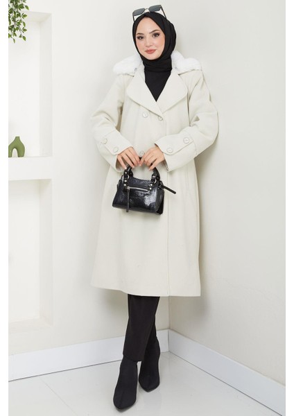 Yakası Kürk Detaylı Kaşe Kaban Ekru HM2583