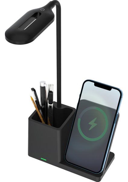 HT-513 Siyah Typec 10W Kablosuz Şarj Cihazı Kalemlikli Masa Lambası